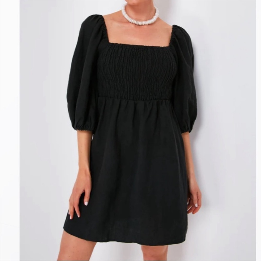Tuckernuck Black Annie 100% Linen Smocked Balloon Sleeve Mini Dress XS